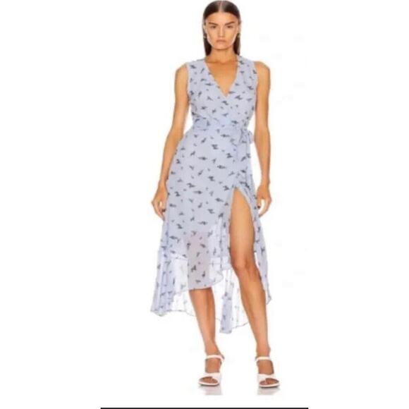 Ganni Womens Georgette Blue Floral MIDI Tie Wrap Dress Size 38 US 8 NEW - Picture 1 of 15